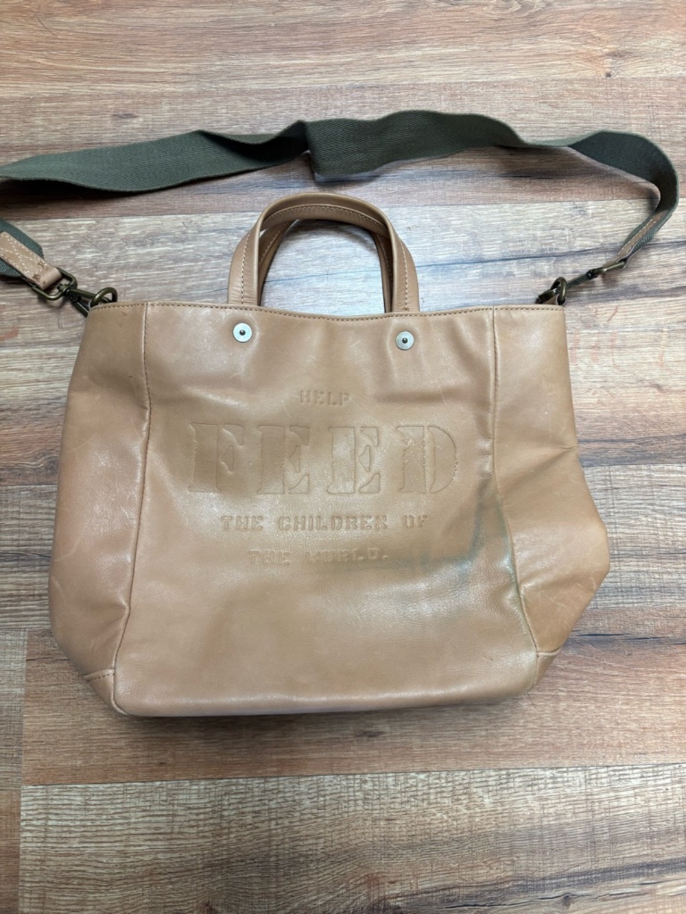 FEED Embossed Leather Tote in Tan with Adjustable Strap